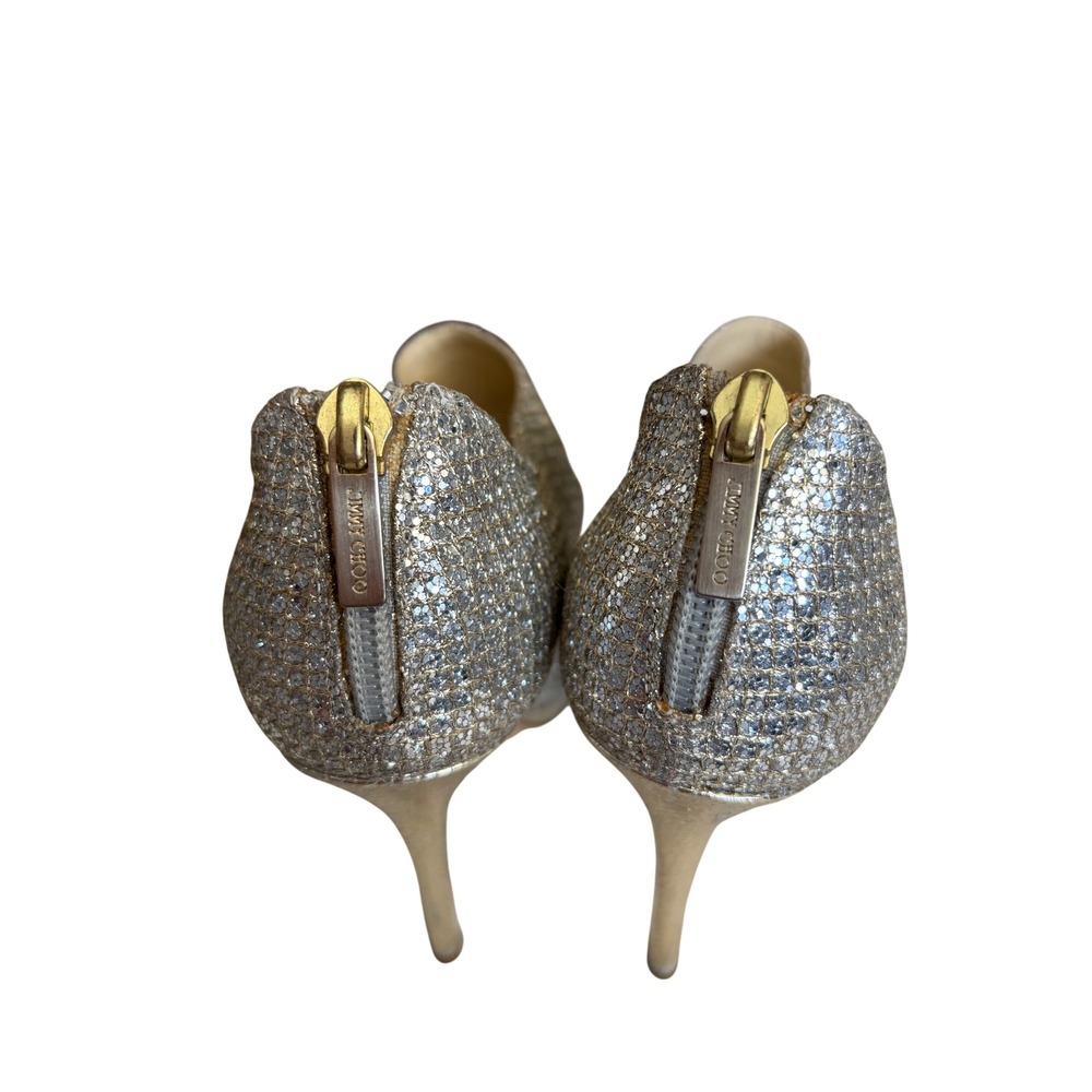 Jimmy Choo Champagne Glitter Peep Toe Platform Sandals Ankle Zip Heels 37.5 - Picture 7 of 13